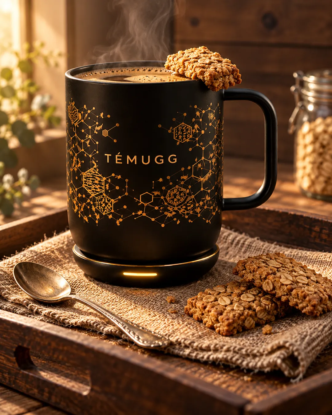 TÉMUGG concept render with coffee and an oat crunchie